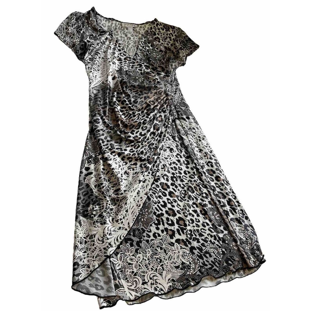 Joseph Ribkoff Dress Sz 8 Beige Black Leopard Floral Print Cap Sleeve Faux-wrap